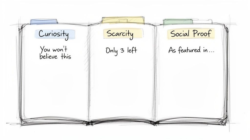 Three key psychological triggers for effective email subject lines: Curiosity, Scarcity, Social Proof.