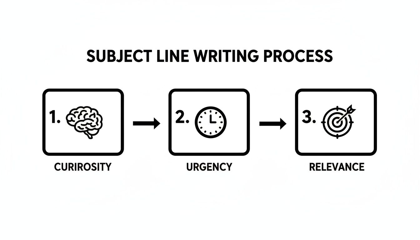 Diagram showing the subject line writing process, emphasizing curiosity, urgency, and relevance.