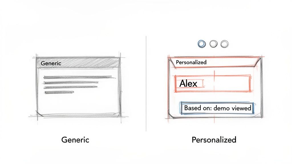 Two sketches illustrate generic content versus personalized content, featuring 'Alex' and a viewing history.