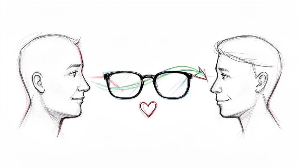 Pencil sketch of two faces exchanging views through eyeglasses, symbolizing connection and understanding.
