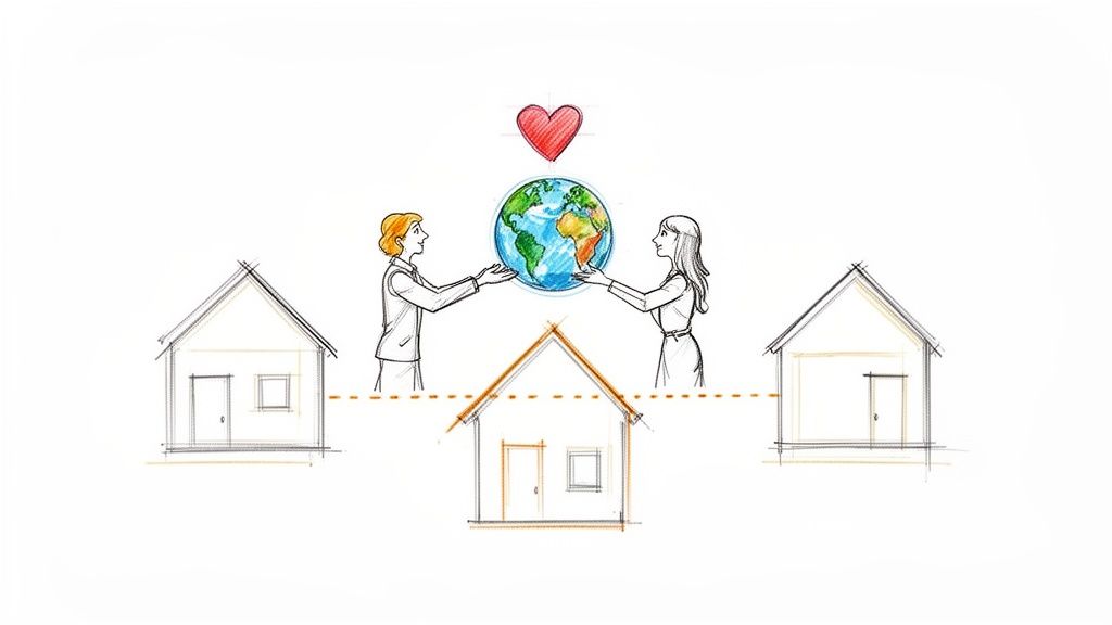 Illustration showing two individuals holding the Earth, with a heart above, connecting three houses.