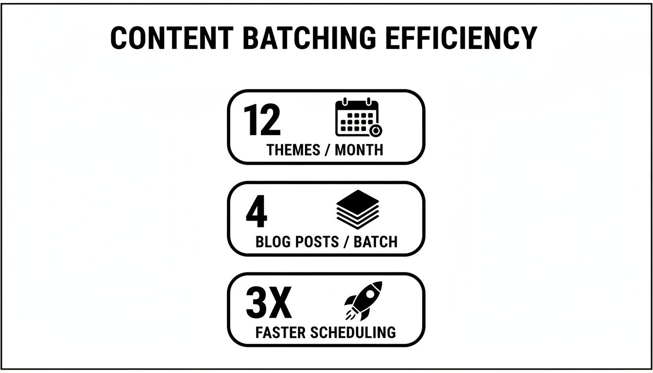 Infographic illustrating content batching efficiency with 12 themes/month, 4 blog posts/batch, and 3x faster scheduling.
