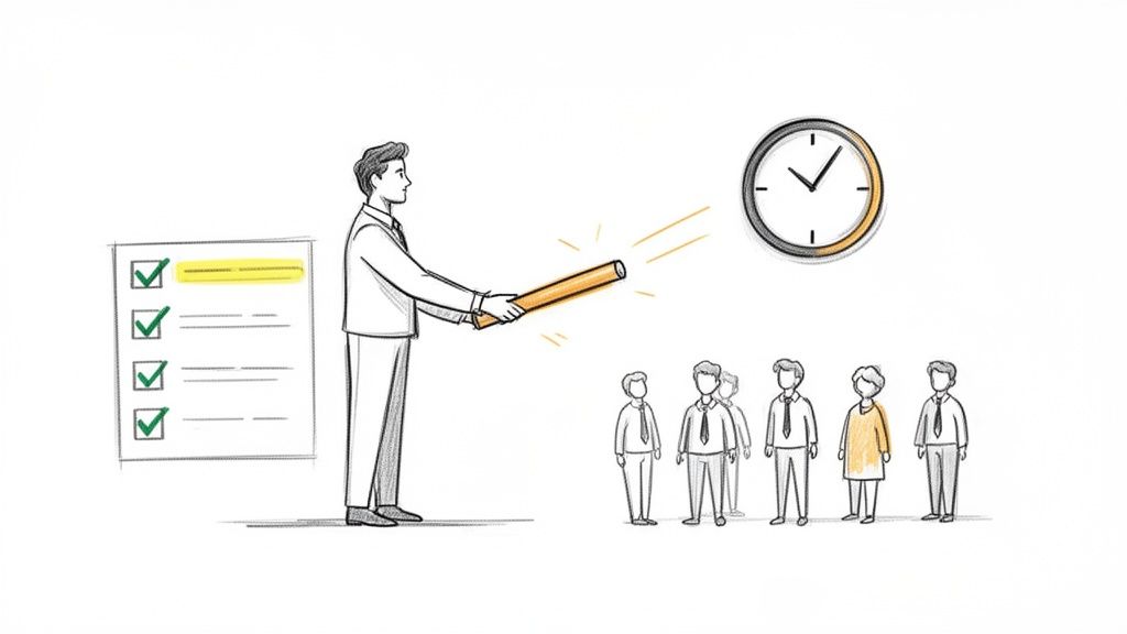 A manager delegating tasks and managing time for a team, with a checklist and clock.