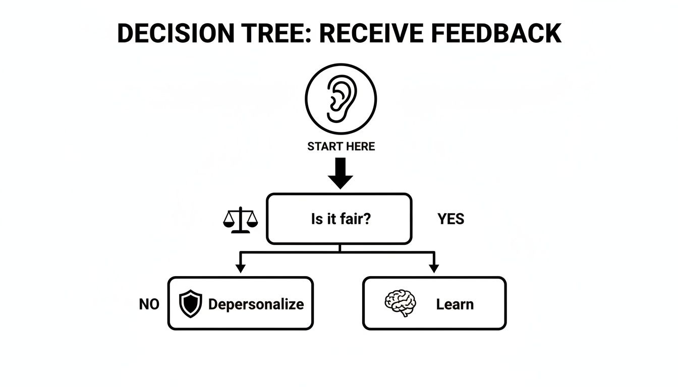 Decision tree flowchart illustrating how to receive feedback, with paths to depersonalize or learn.