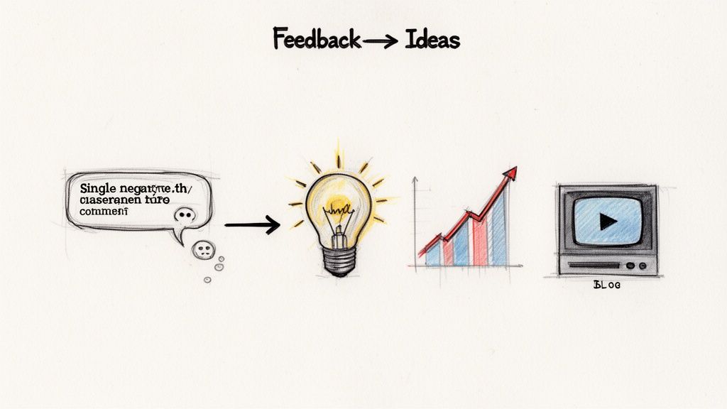 A hand-drawn illustration depicting a process of transforming negative feedback into positive ideas, growth, and content.