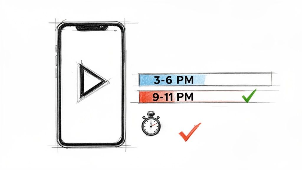 Smartphone with play button and time slots 3-6 PM, 9-11 PM, highlighting 9-11 PM with a green check.