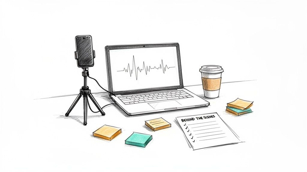 Desk setup for content creation with laptop, phone on tripod, coffee, sticky notes, and a checklist.