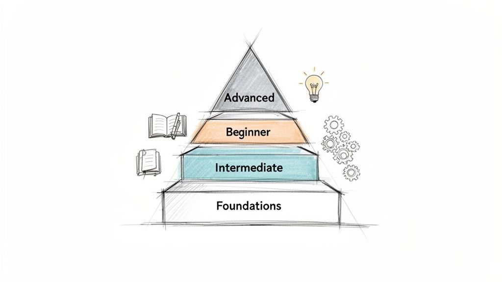 A multi-level pyramid illustrates skill progression: Foundations, Intermediate, Beginner, Advanced, accompanied by learning icons.