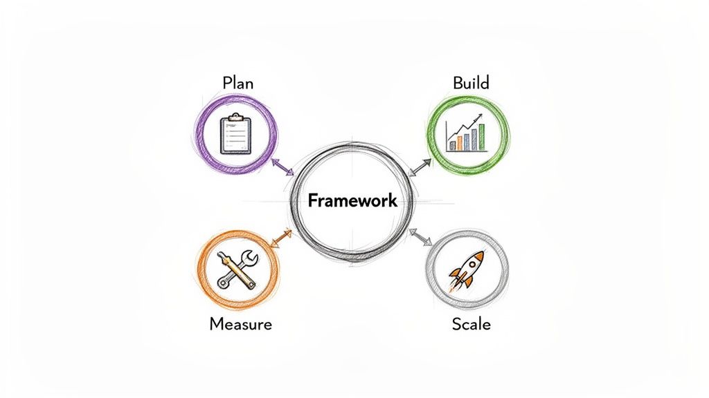 A circular framework diagram illustrating the Plan, Build, Measure, Scale business cycle with icons.