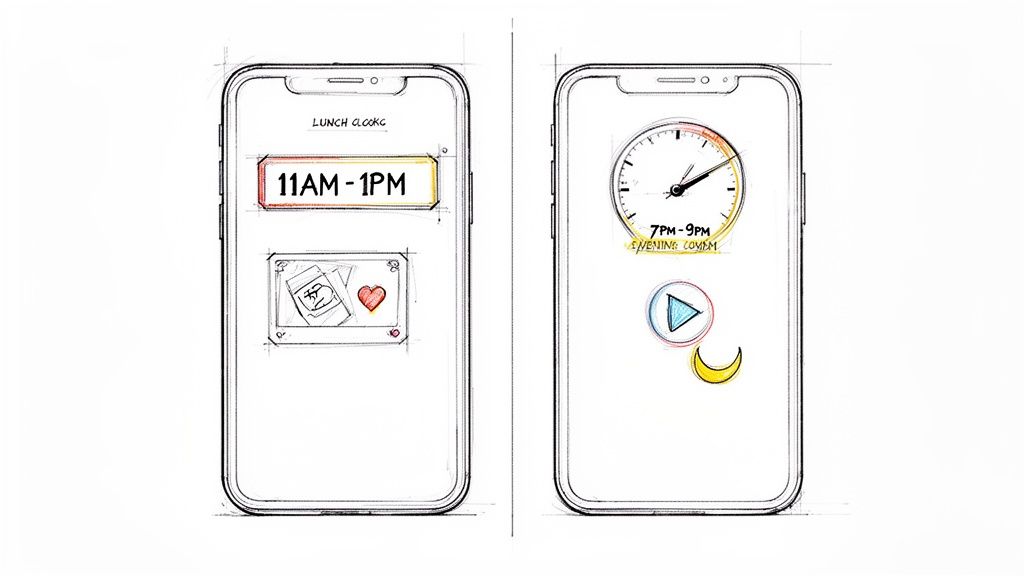 Sketches of mobile app interfaces displaying scheduled time slots for lunch and evening activities.