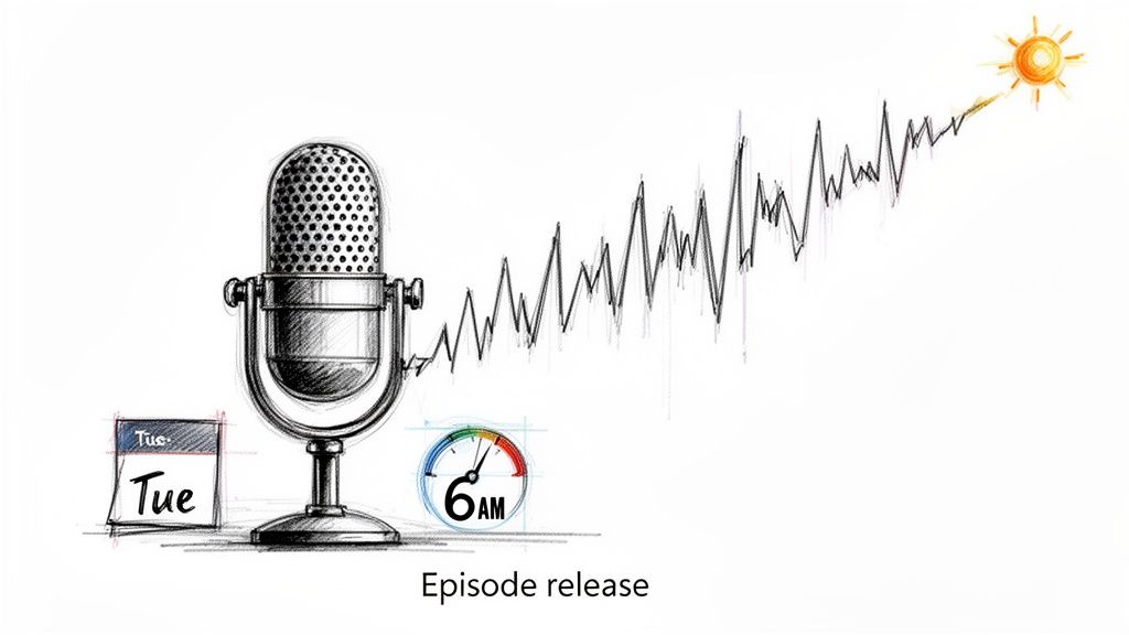 Hand-drawn illustration of a podcast episode release schedule: Tuesday at 6 AM, with a microphone and sound wave.
