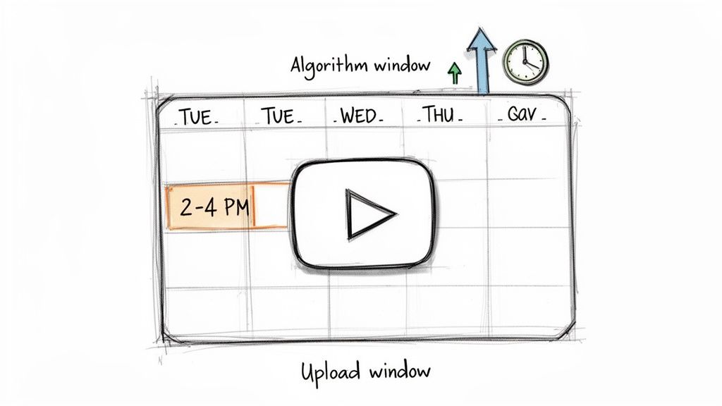 A calendar showing an optimal upload window of 2-4 PM for YouTube, indicating algorithm and upload timing strategies.