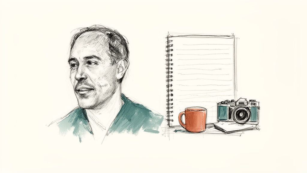 Artistic sketch featuring a man's profile, a teal camera, an orange mug, and a spiral notebook.