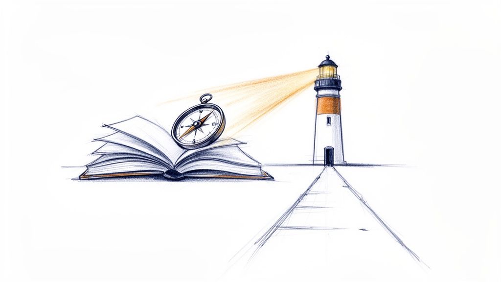 A sketch of an open book with a compass, illuminated by a distant lighthouse.