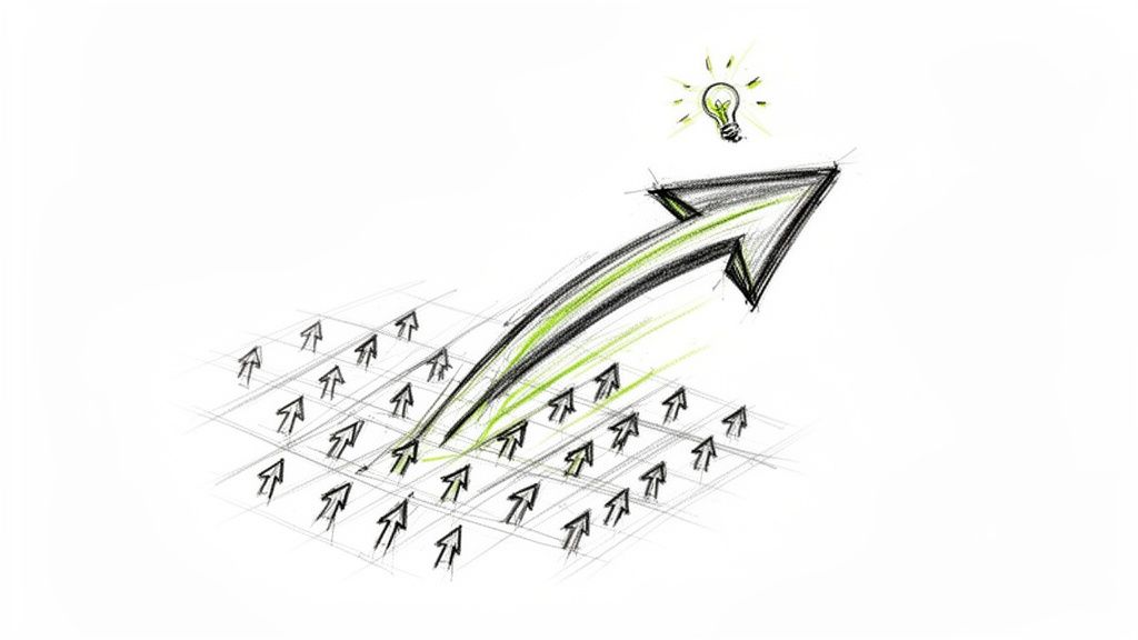 A hand-drawn sketch showing a large green and black arrow curving upwards from smaller arrows towards a glowing lightbulb.