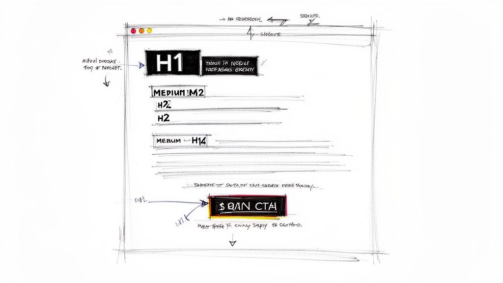 A hand-drawn wireframe sketch of a webpage layout, featuring headings, placeholder text, and a call-to-action button.