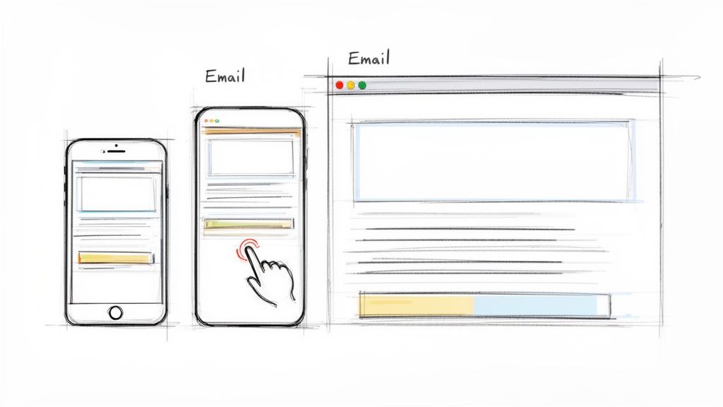 A sketch showing responsive email designs on a smartphone and desktop browser for different screen sizes.