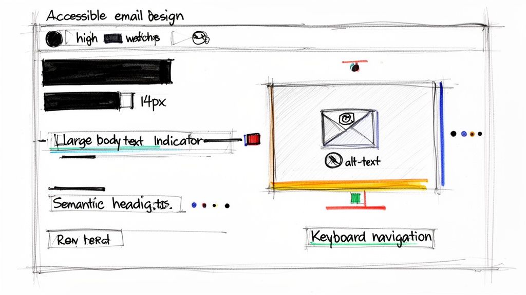 A hand-drawn sketch outlining accessible email design principles, featuring text size, alt-text for images, and keyboard navigation considerations.