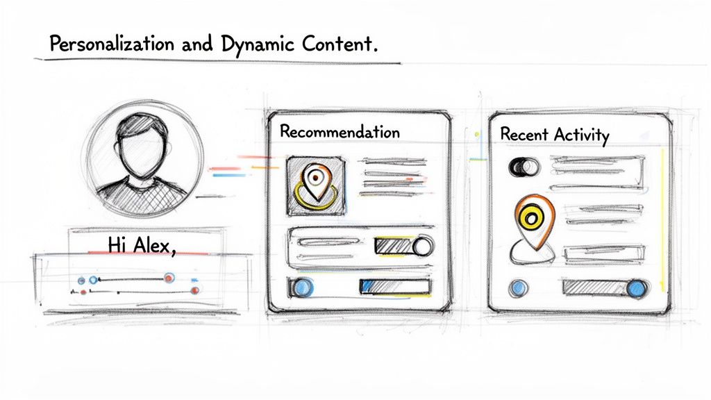A hand-drawn sketch illustrating app personalization with recommendations and recent activity for a user named Alex.
