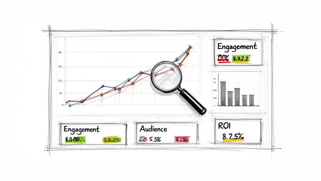 Hand-drawn sketch of a data analysis dashboard with a line graph, bar chart, and key performance indicators.