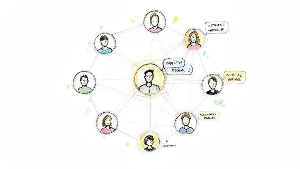 A hand-drawn diagram illustrating a central moderator connected to a network of diverse people with speech bubbles.