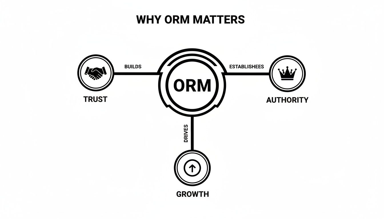 Diagram illustrating how Online Reputation Management (ORM) builds trust, establishes authority, and drives growth.