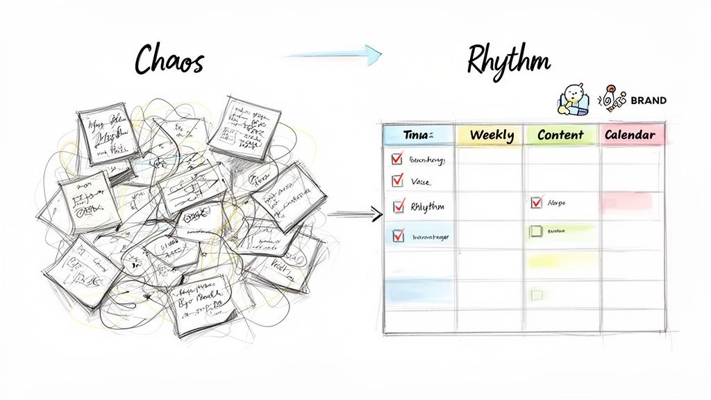 Visual representation of turning chaotic notes and ideas into an organized weekly content calendar for a brand.
