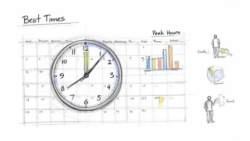 A hand-drawn sketch illustrating a calendar, clock, and bar graph for best times and peak hours.
