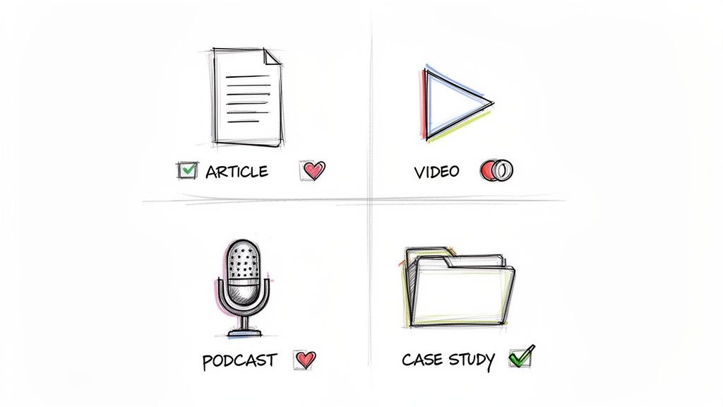 Sketched icons representing different content types: article, video, podcast, and case study with status indicators.