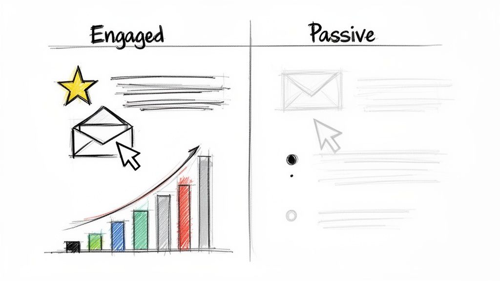 Diagram illustrating engaged versus passive email segmentation with vibrant icons and a growth chart.
