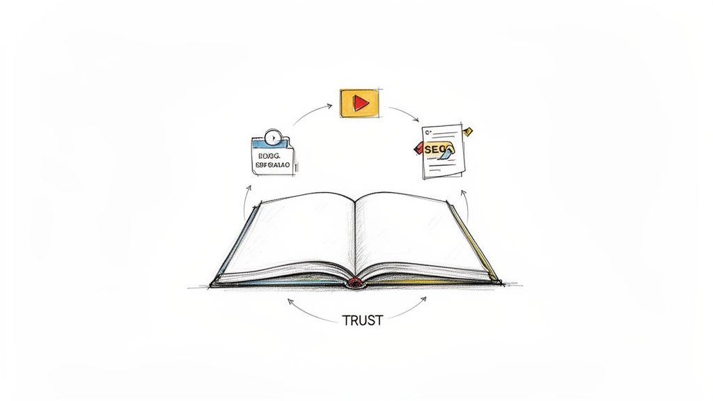 Hand-drawn illustration of an open book surrounded by icons for video, SEO, and blog content, linked by arrows and 'TRUST'.