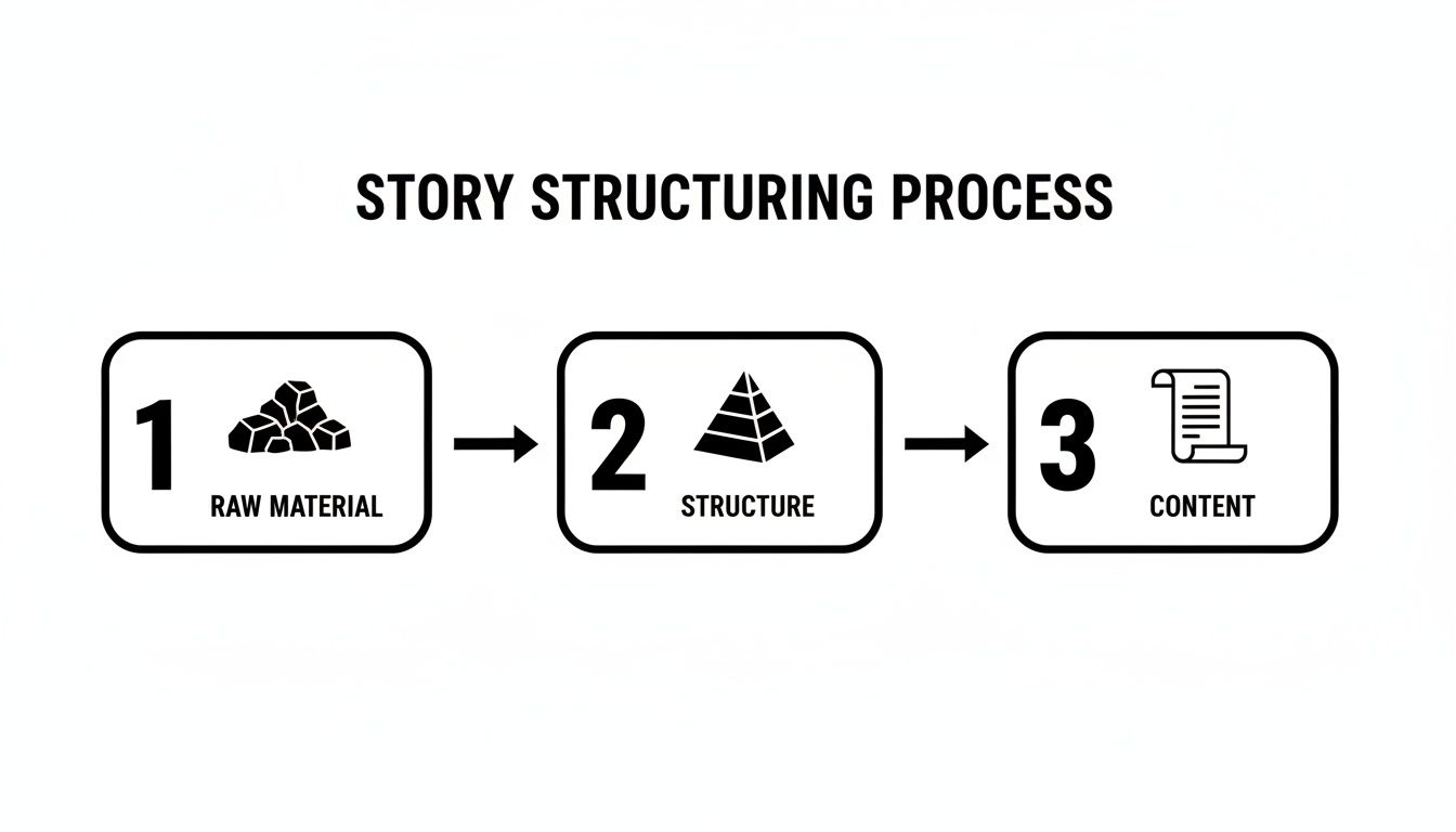 A three-step diagram illustrating the story structuring process: raw material, structure, and content.