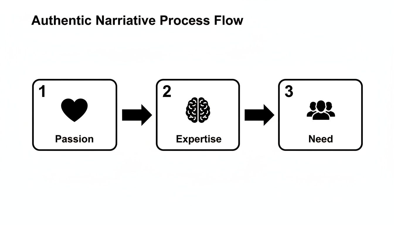 Authentic narrative process flow illustrating passion, expertise, and audience need as key steps.