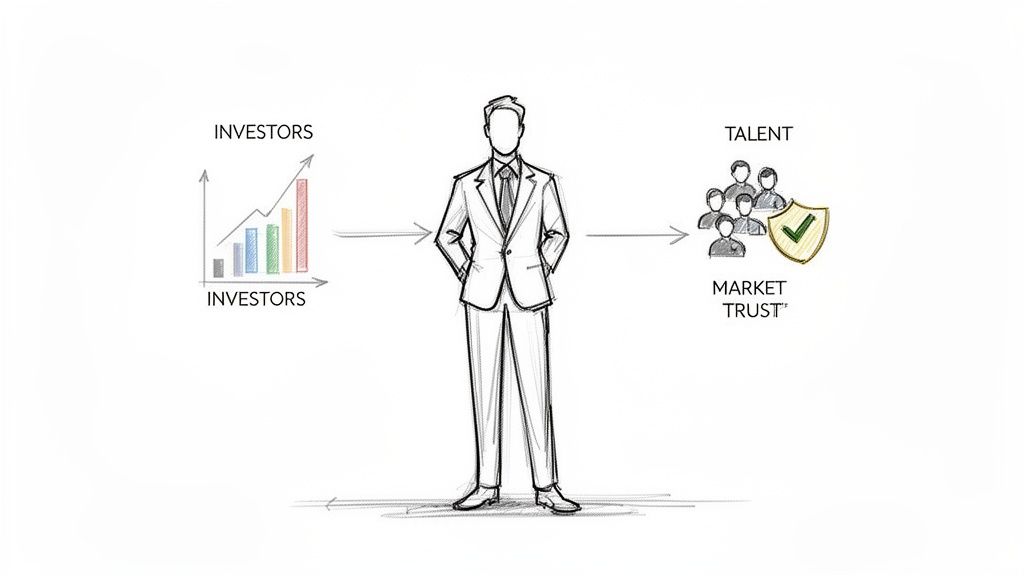 A diagram shows an executive bridging investor growth, talent, and market trust.