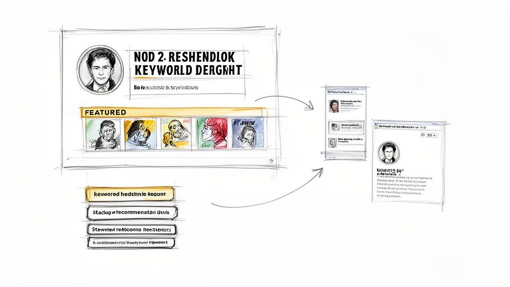 Sketch of a website layout with featured content, profile pictures, and interactive buttons.