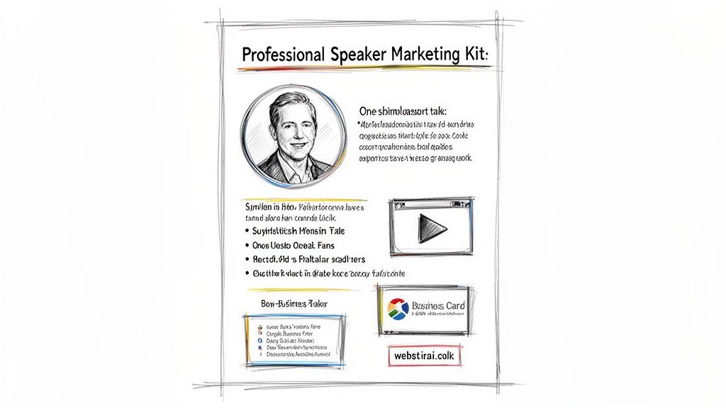 A detailed sketch of a professional speaker marketing kit featuring a speaker's profile, talk topics, and contact info.