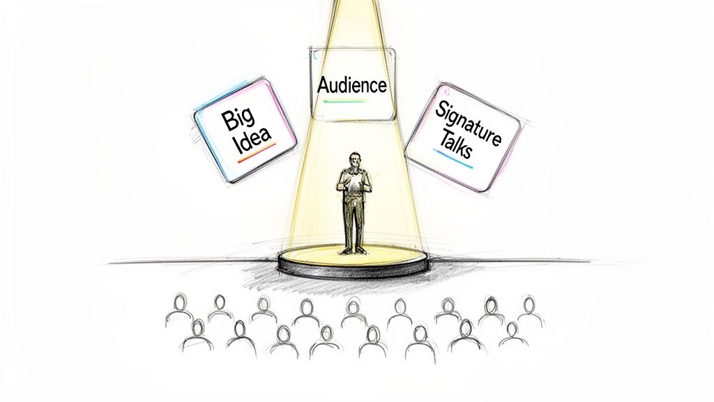 Hand-drawn image of a speaker on a stage addressing an audience, highlighting big ideas and signature talks.