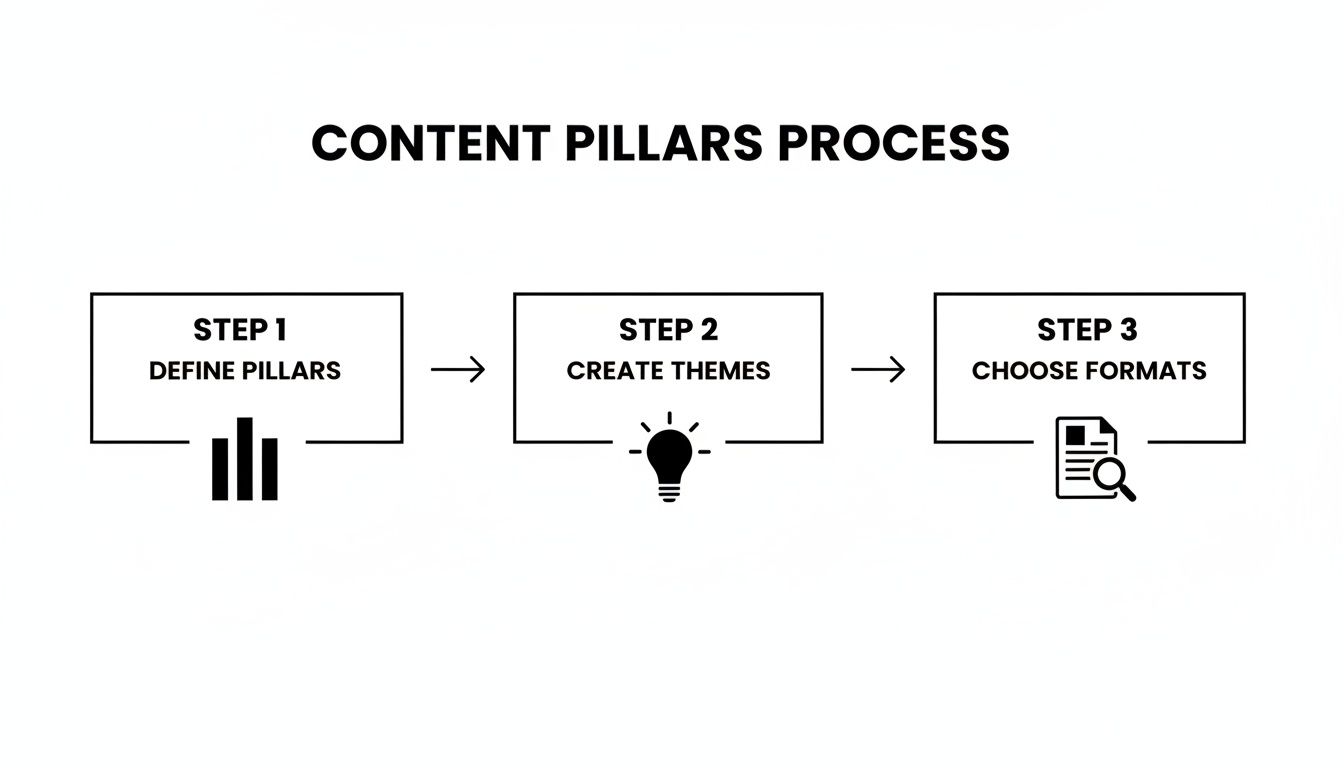 A content pillars process diagram with three steps: define pillars, create themes, and choose formats.