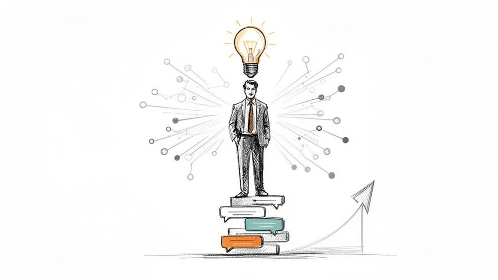 A businessman stands on speech bubbles with a lightbulb idea and radiating connections, symbolizing thought leadership and growth.