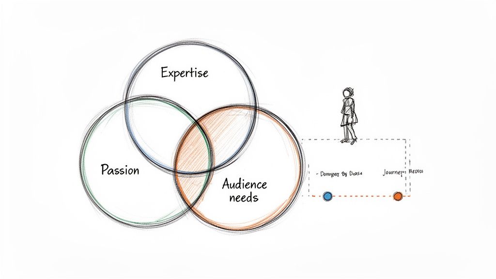 Venn diagram showing expertise, passion, and audience needs for effective content creation.