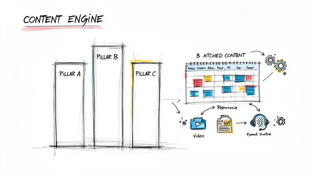 A diagram showing a content engine with three pillars, content batching, and repurposing into video, documents, and audio.