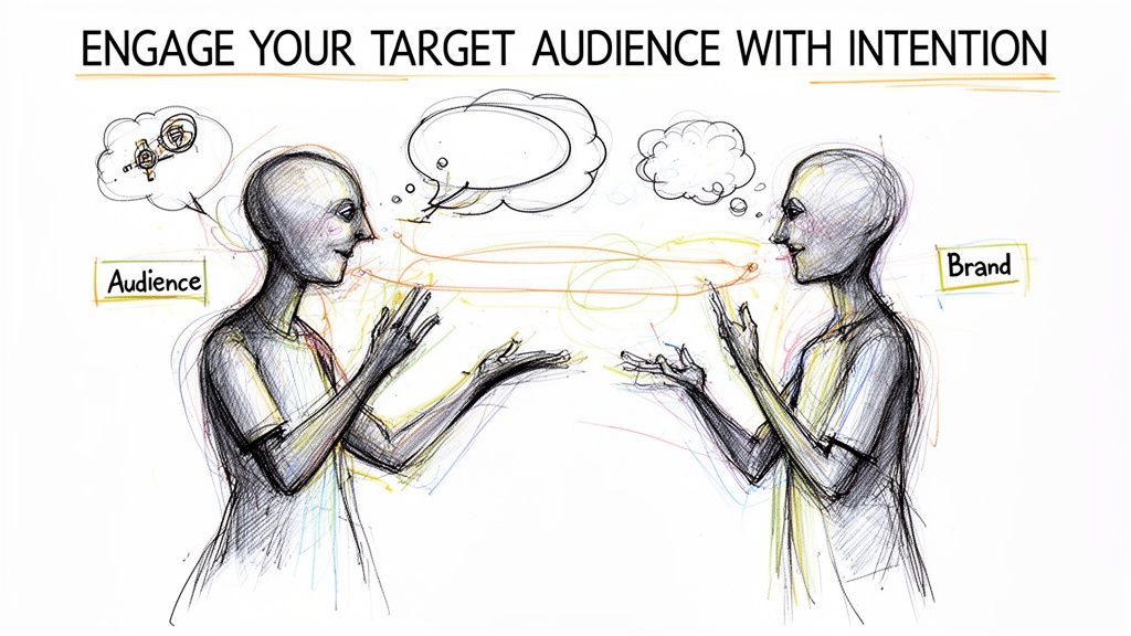A hand-drawn illustration showing a brand and audience engaging in thoughtful, meaningful communication with each other.