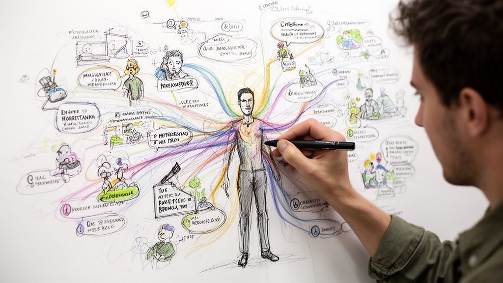 A person drawing a complex mind map with a central figure on a white board.