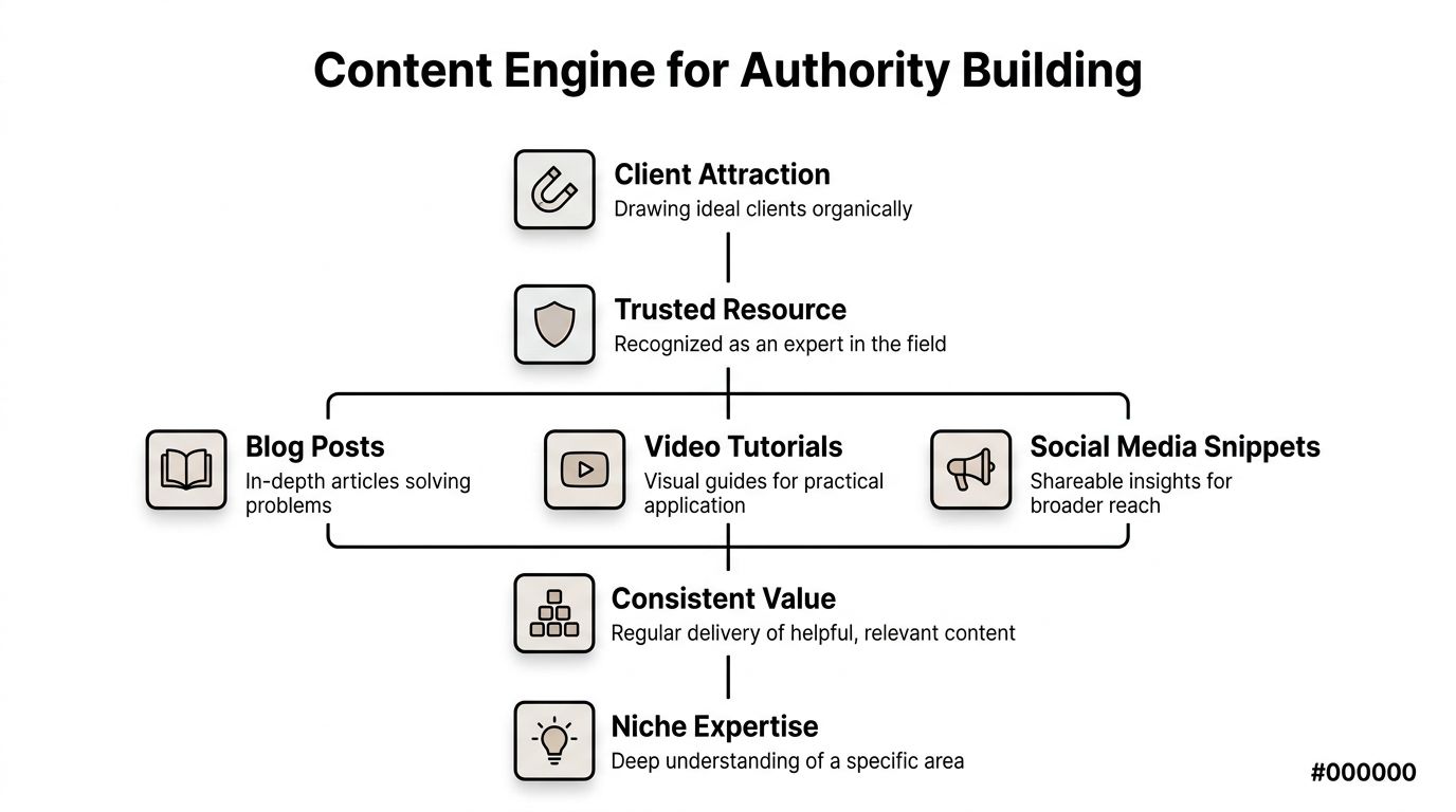 A flowchart titled Content Engine for Authority Building illustrating the process of attracting clients through expert content.