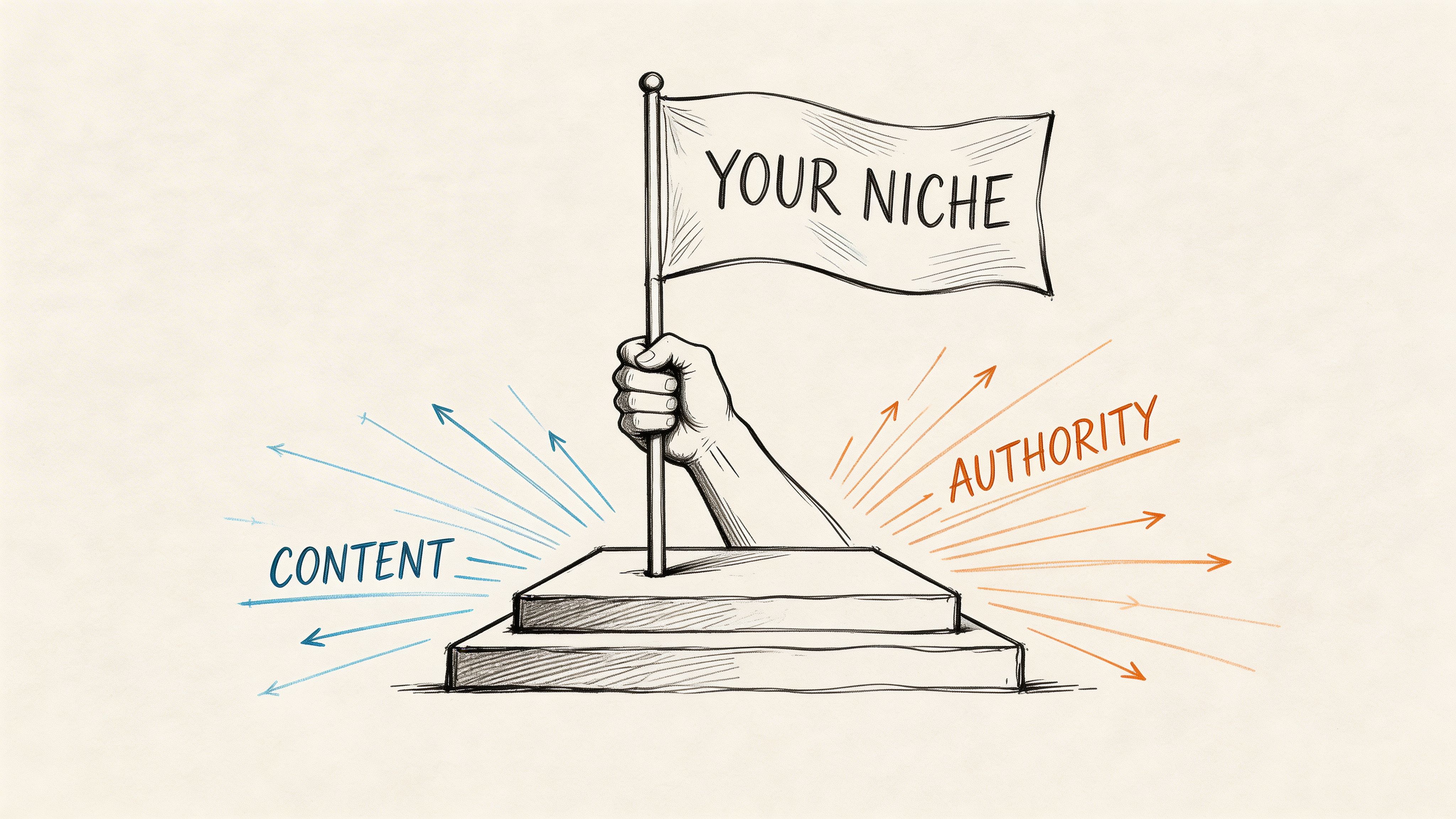 A hand holding a flag labeled Your Niche with arrows pointing toward content and authority text elements.
