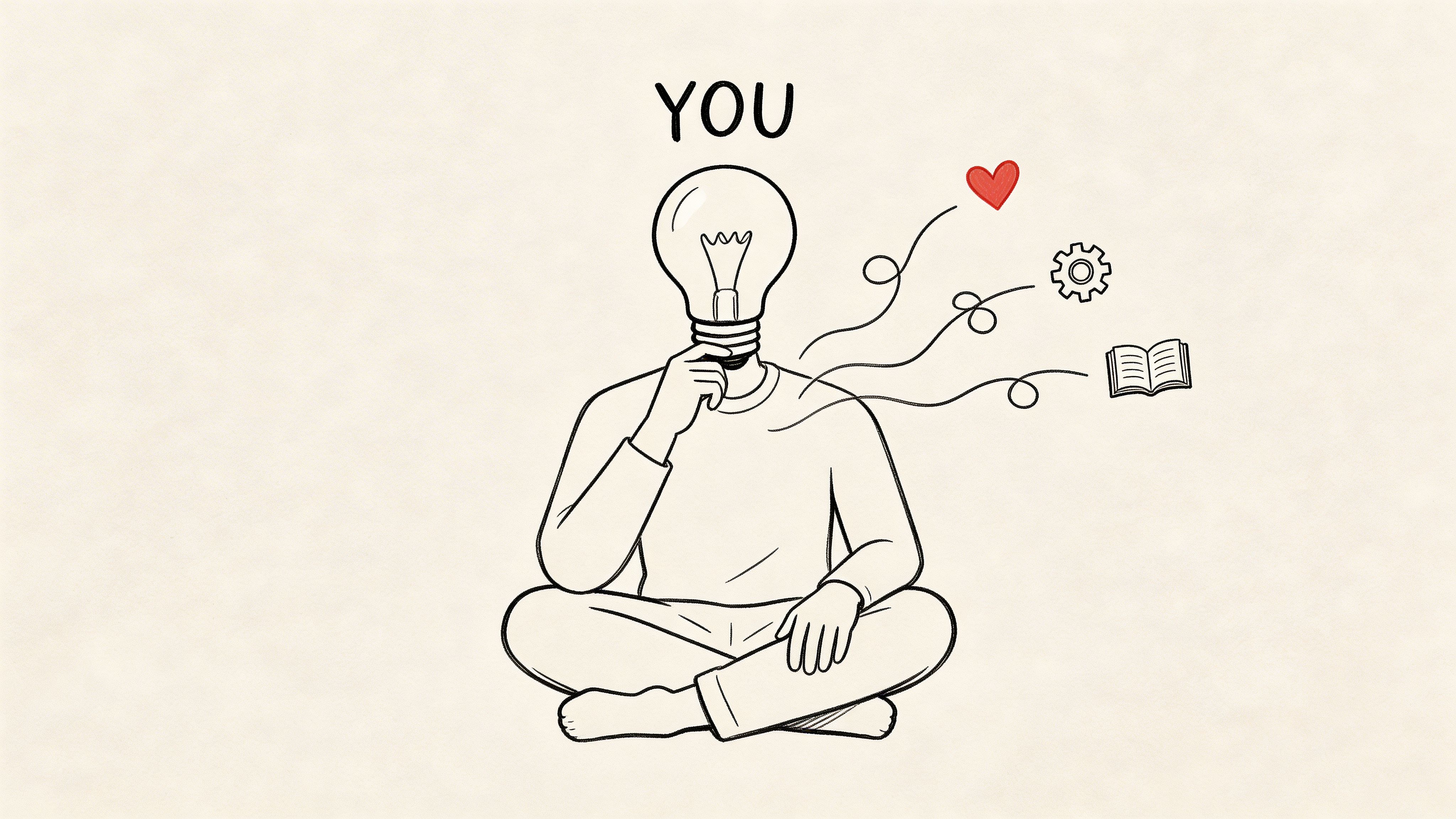 A line art illustration of a person sitting in a lotus position with a lightbulb for a head.