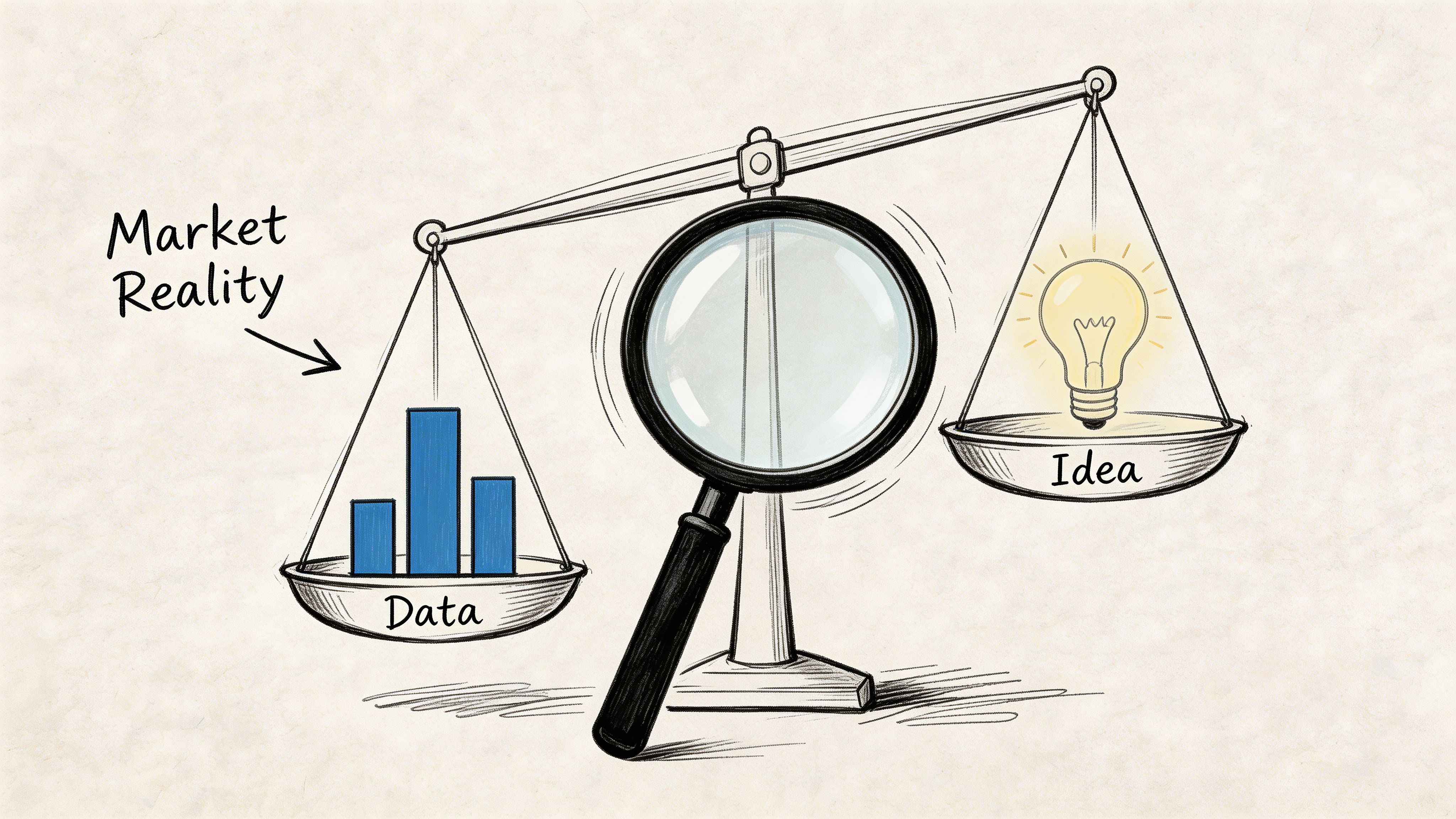 A scale weighing a bar chart labeled Data against a glowing light bulb labeled Idea under scrutiny.