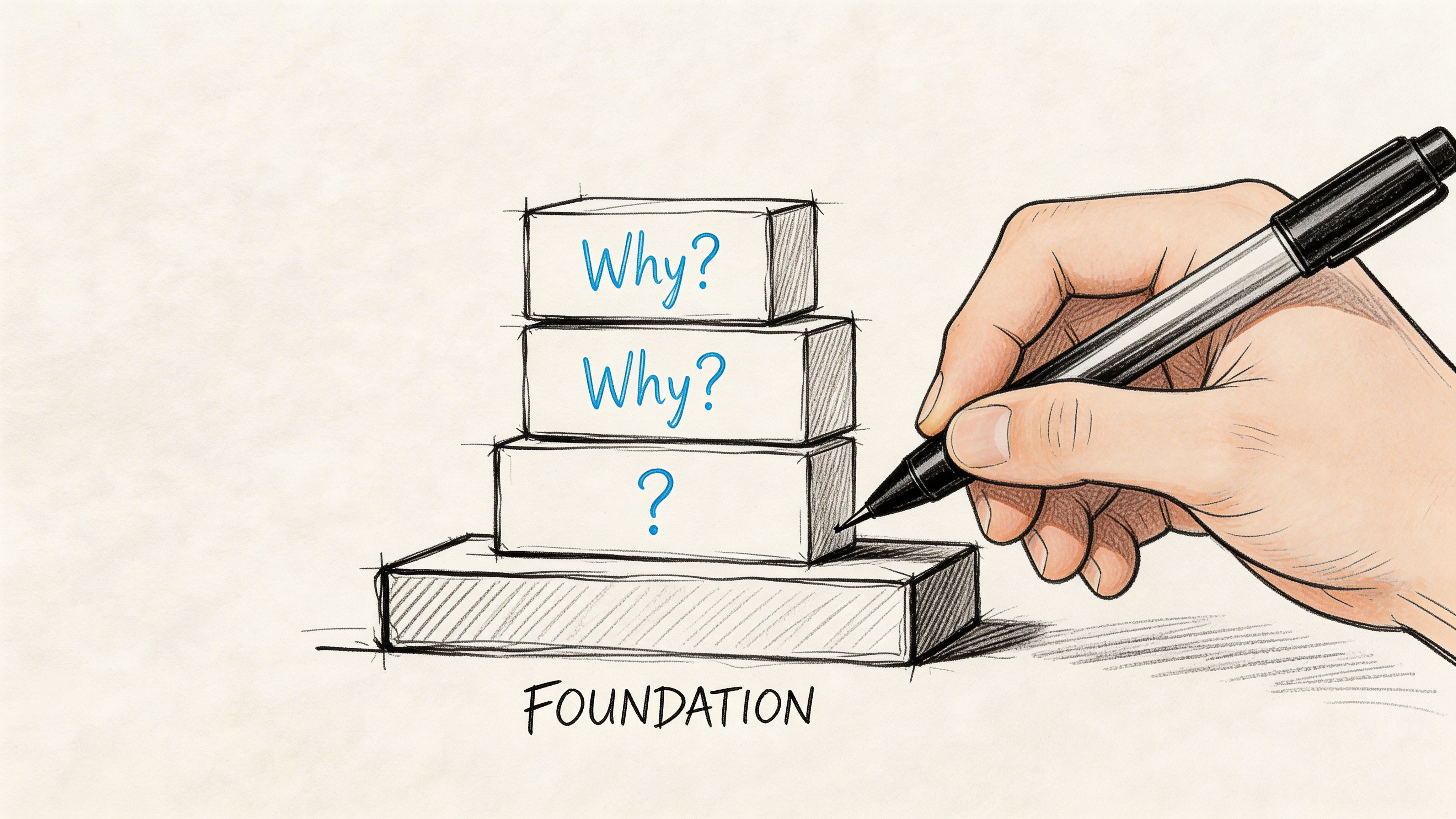 A hand drawing a stack of blocks representing foundations with the text Why and question marks
