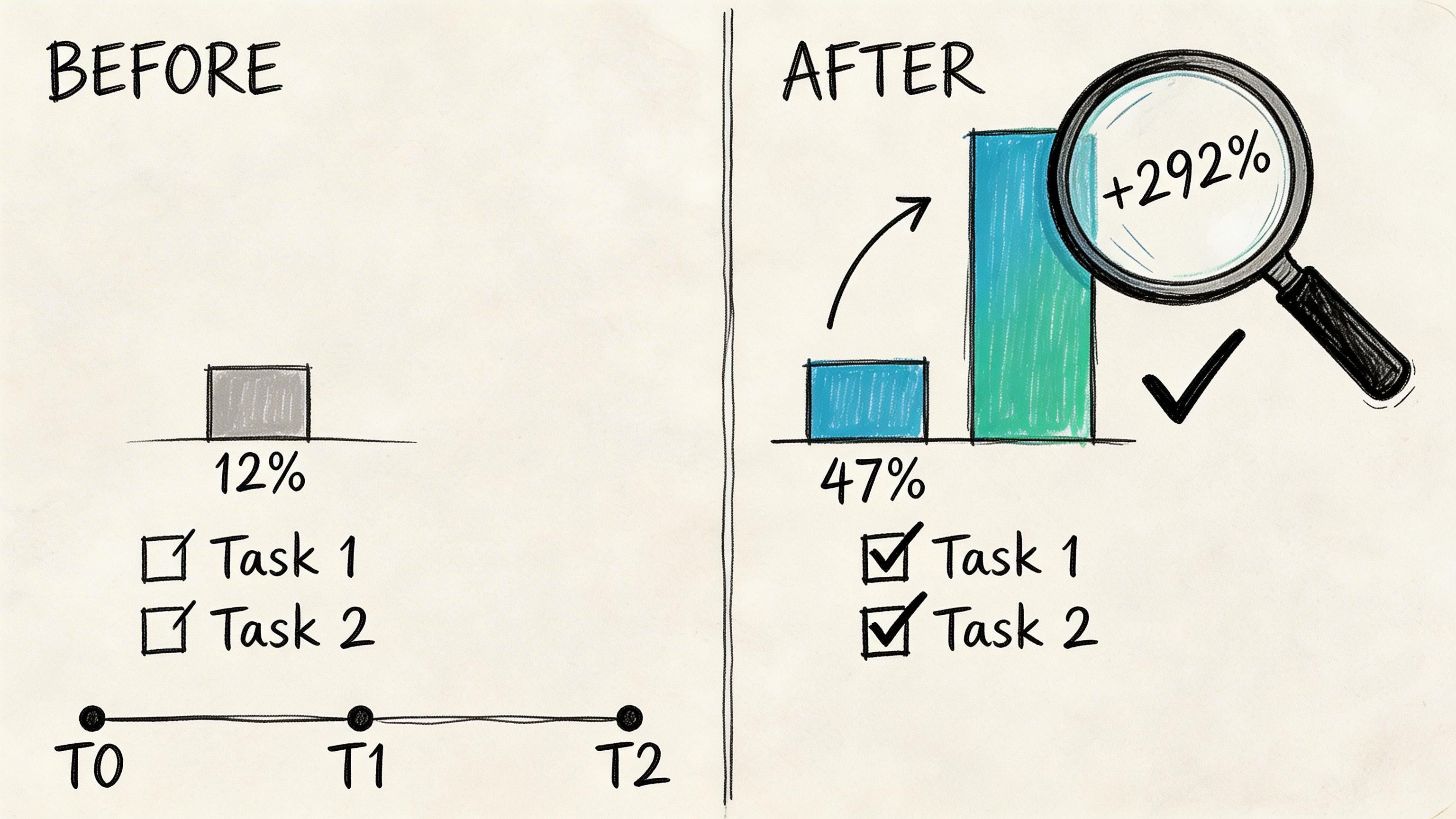 A conceptual illustration comparing growth percentages before and after completing two specific tasks.