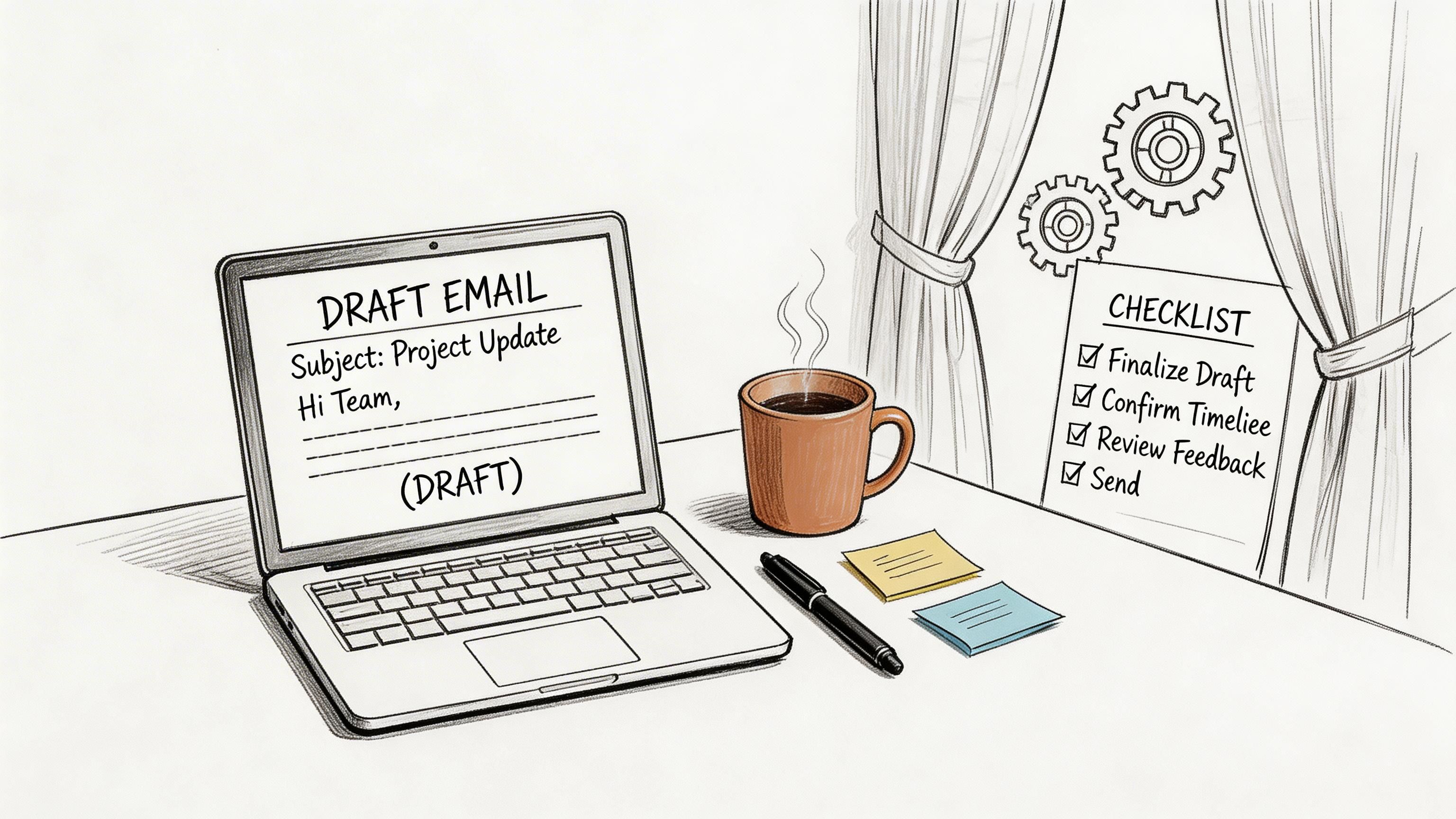 A hand-drawn illustration showing a laptop with a draft email, a coffee mug, and a completed checklist.